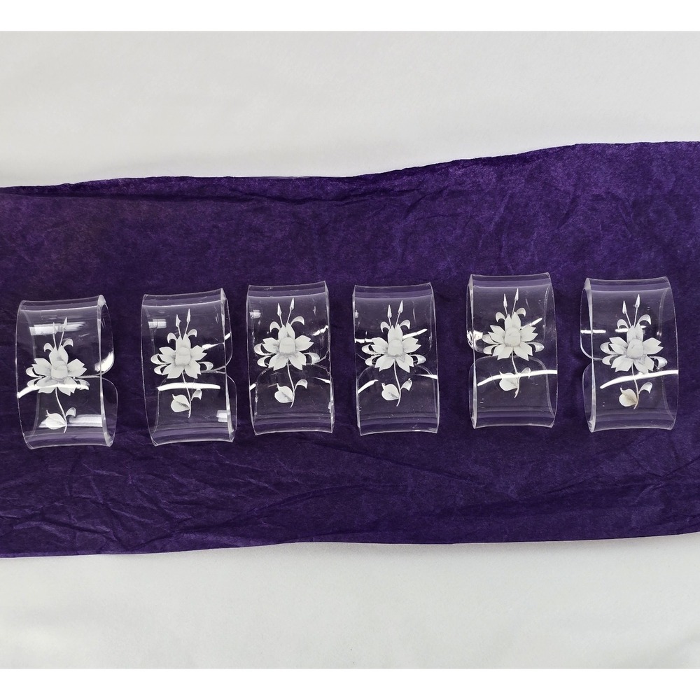 Lucite Napkin Ring Holders Floral 3D MCM Clear Retro Set of 6